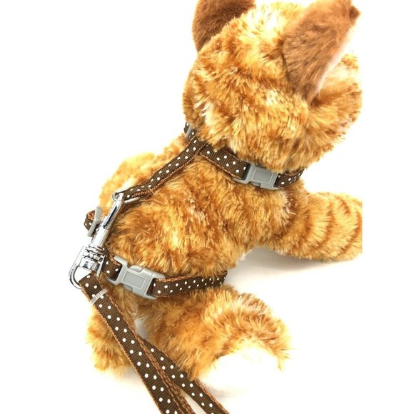 Small Pet Cat Dog Adjustable Harness & Leash Safety Walking Lead Brown Polka Dot - Picture 2 of 7